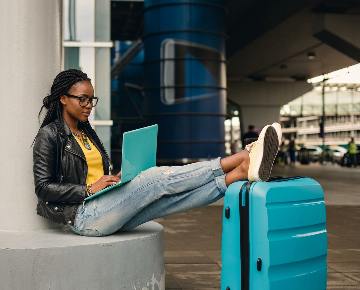 Young professional working on a laptop beside her luggage